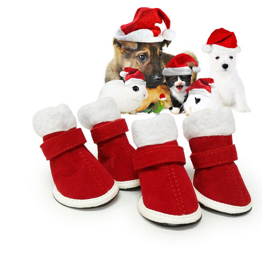 KFX-4627901 Cozy Red Plush Christmas Boots for Small Dogs - Non-Slip Warm Footwear