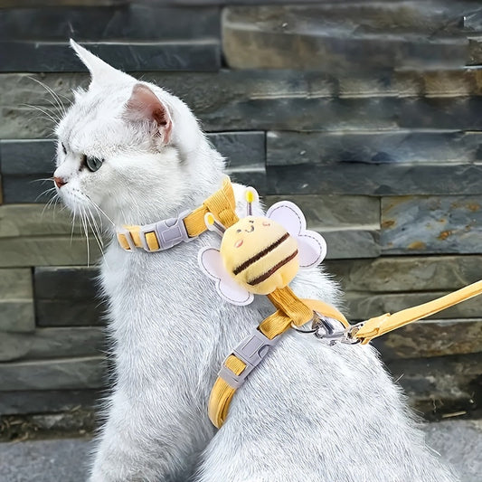 KFX-4634301 Adjustable Escape-Proof Cat Harness and Leash Set in Yellow Bee Plaid for Small to Large Cats