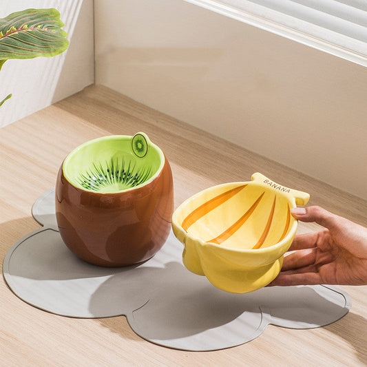 KFX-4642749 Cat Bowl Set with Protective Cushion - Ceramic Kiwi and Banana Designs - Medium Size