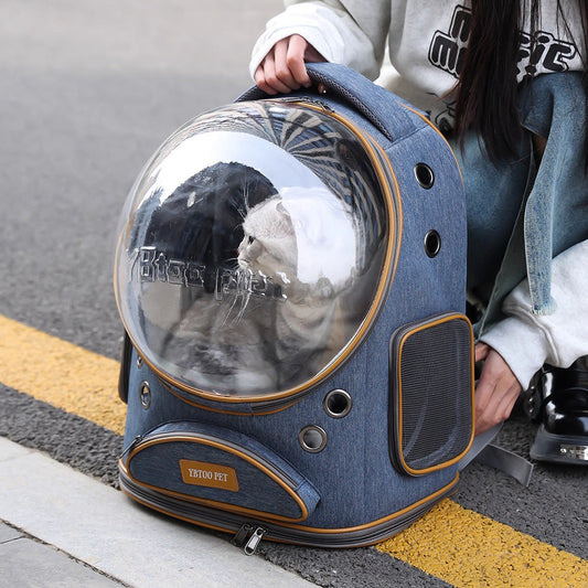 KFX-4679357 Portable Outdoor Cat Backpack with Large Capacity and Panoramic Window in Denim Blue or Linen Gray