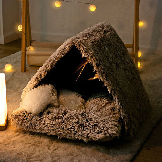 KFX-4690877 Cozy Plush Winter Kennel for Small Dogs in Coffee Color