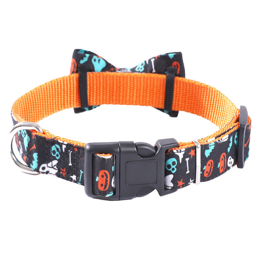 KFX-4698557 Geometric Cat Collar with Holiday Ornaments in Black Ghost, Yellow Pumpkin, and Black Skull Patterns