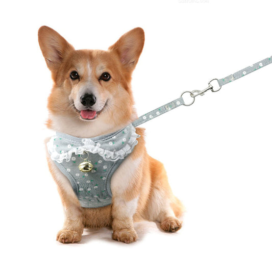 KFX-4728637 Pink Bell Dog Harness and Leash for Small Dogs, Adjustable Canvas and Polyester Mesh, Various Sizes Available