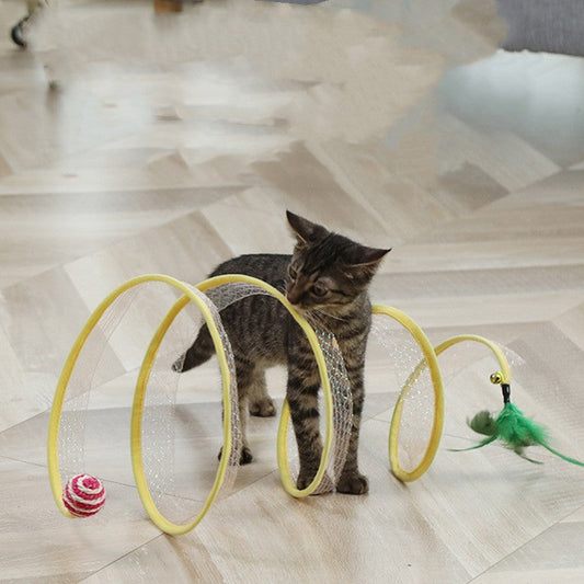KFX-4778685 Foldable Cat Tunnel with Feather and Sisal Mouse Balls - Interactive Play Toy for Kittens and Cats