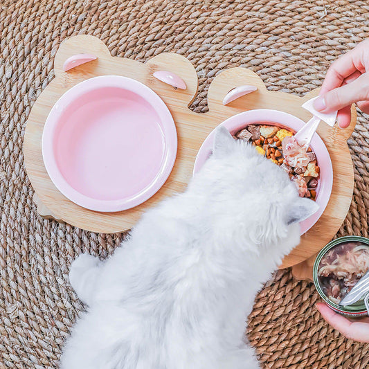 KFX-4795069 Ceramic Pet Feeding Bowls with Bamboo Stand for Dogs and Cats - Single or Double Food and Water Dish