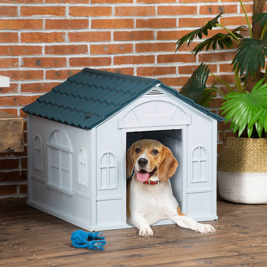 KFX-4810045 Water-Resistant Plastic Dog House for Medium and Small Dogs, Indoor/Outdoor Shelter with Door, Easy Assembly