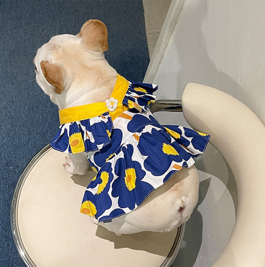 KFX-4812733 Blue Cotton Print Pet Skirt with Lace Trim for Dogs - Multiple Sizes Available