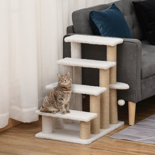 KFX-4815421 4-Level Cat Steps with Scratching Posts for Easy Access to Beds and Sofas - White