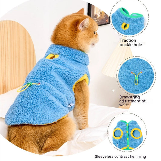 KFX-4818493 Cozy Lambswool Cat Vest with Stylish Edges in White Pink and Blue Green