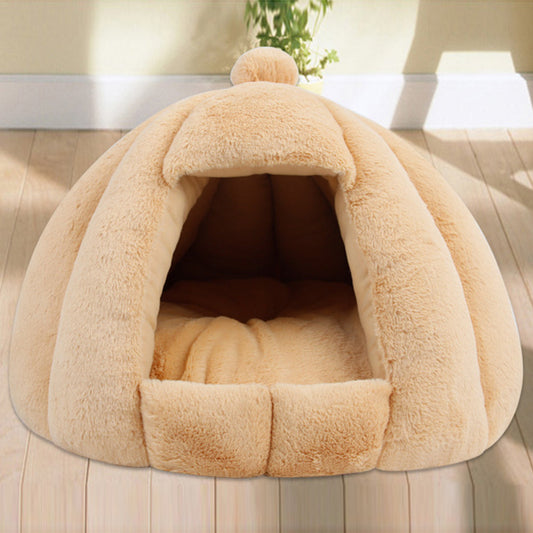 KFX-4821949 Thickened Plush Yurt Nest for Cats and Dogs - Cozy Rabbit and Pull Plush Design in Orange, Yellow, and Grey