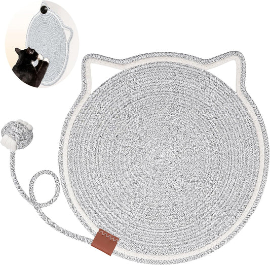 KFX-4836669 Natural Cotton Rope Cat Scratcher Pad with Hanging Toy - Round Floor Scratching Mat for Indoor Cats