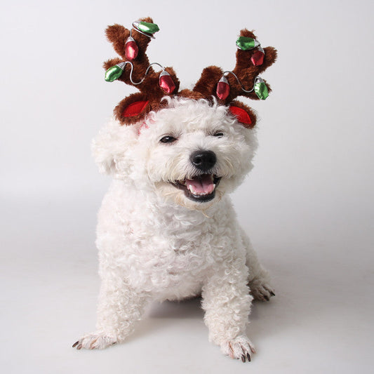 KFX-4852285 Christmas Reindeer Dog Hat with Adjustable Elastic Band and Floral Decor for Small and Large Dogs