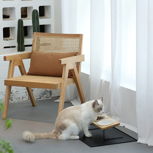 KFX-4866365 Tall Ceramic Cat Water Bowl with Bamboo and Iron Frame, Non-Slip Design, 2 Bowls Included