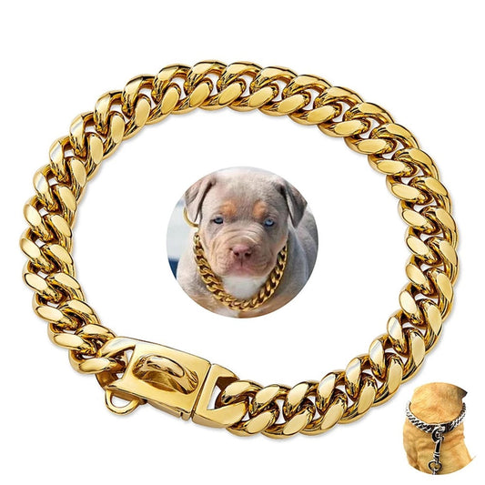 KFX-4868157 14mm Stainless Steel Cuban Chain Dog Collar with Lock Buckle in Gold and Silver
