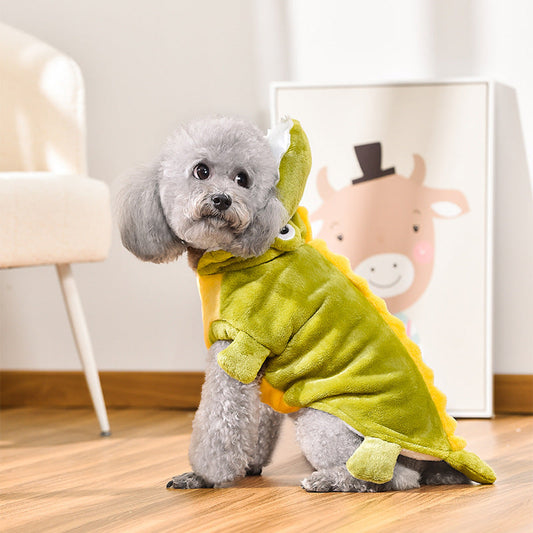 KFX-4877501 Dinosaur Design Coral Fleece Pet Clothes for Autumn and Winter - Green, Sizes XS to 4L