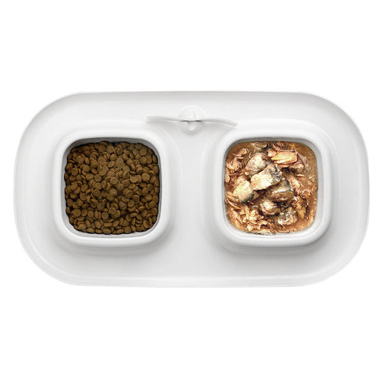 KFX-4893373 Milky White Double Bowl Pet Cat Dish Made of Durable Plastic