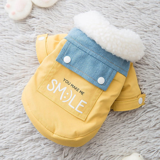 KFX-4903485 Yellow Denim Patchwork Dog Coat with Sherpa Fleece Lining for Small and Medium Breeds