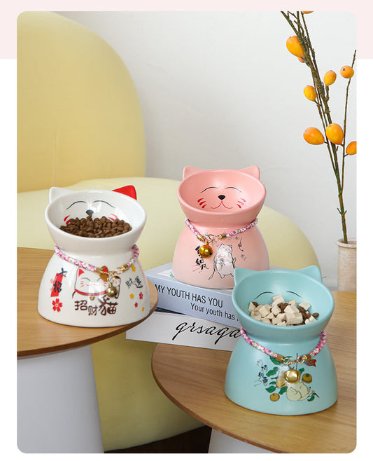 KFX-4904893 Anti-Tipping Ceramic Cat Food & Water Bowl - Mint Green, Peach Powder, White