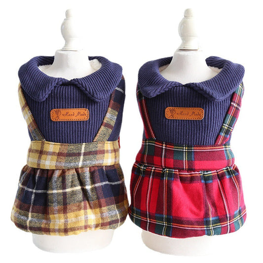 KFX-4912829 Plaid College Style Skirt for Cats - Lattice Patterned Pet Clothing in Yellow and Red