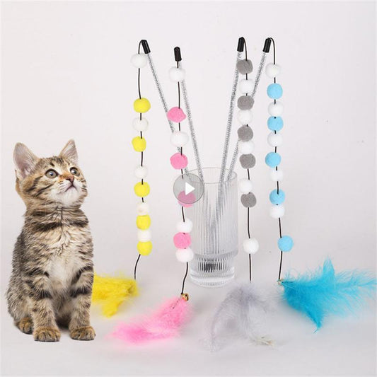 KFX-4929213 Interactive Cat Teaser Stick with Pompon Feather and Bell - 31cm Long, Gray/Yellow/Blue