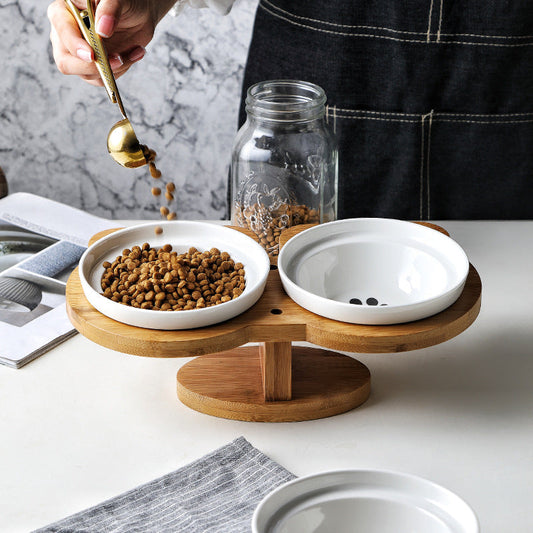 KFX-4931901 Ceramic and Wood Automatic Cat Bowl with Multiple Designs and Two Bowls Included