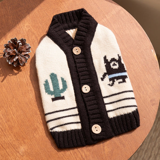 KFX-4936253 Warm Knit Dog Sweater with Monster Pattern for Small to Medium Pets - Cozy and Breathable Cardigan for Fall and Winter