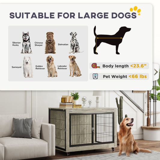 KFX-4946877 39-Inch Dog Crate Furniture Side Table on Wheels – Gray, Interchangeable Access Doors, Ideal for Large Dogs up to 66 lbs