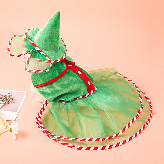 KFX-4950589 Cute Green Gauze Skirt and Hat Outfit for Dogs - Holiday Pet Clothing