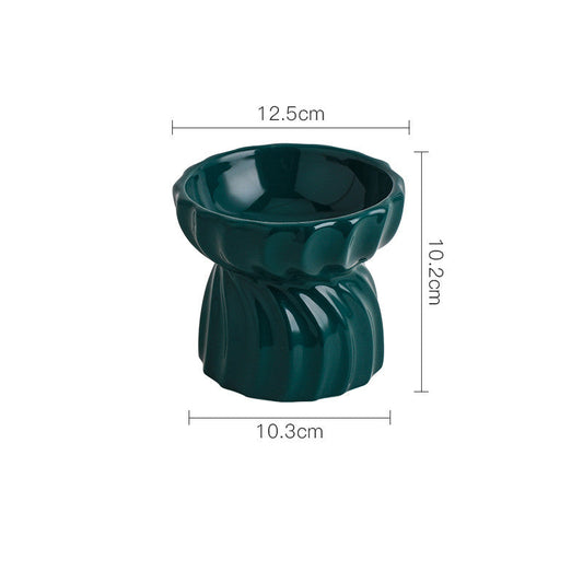 KFX-4964669 Ceramic Cat Bowl with High Feet - Anti-Tipping Design, Available in Dark Green, Yellow Snowflakes, Beige Snowflakes, White Snowflakes