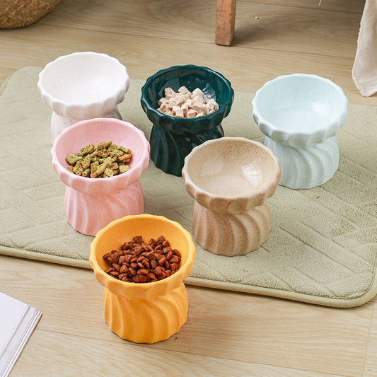 KFX-4964669 Ceramic Cat Bowl with High Feet - Anti-Tipping Design, Available in Dark Green, Yellow Snowflakes, Beige Snowflakes, White Snowflakes