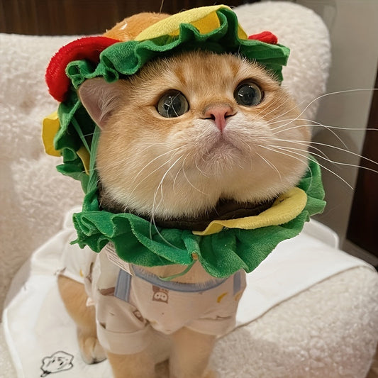 KFX-4967741 Funny Cat Burger Headdress Collar - Whimsical Pet Cartoon Hat