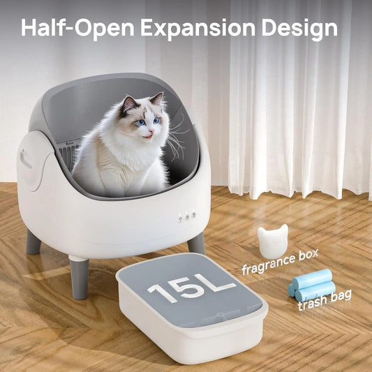 KFX-497363 Automatic Self-Cleaning Cat Litter Box with APP Control and Dual Safety Sensors, Grey-White Plastic