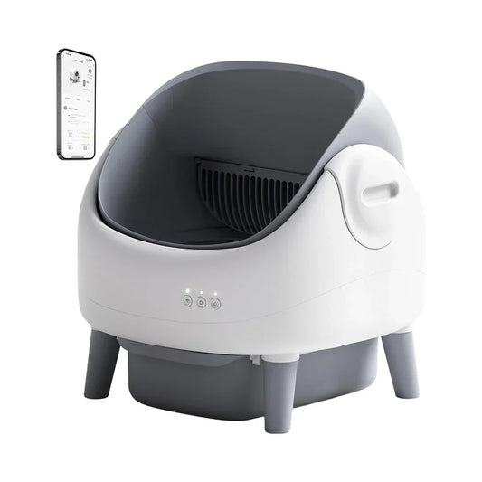 KFX-497363 Automatic Self-Cleaning Cat Litter Box with APP Control and Dual Safety Sensors, Grey-White Plastic