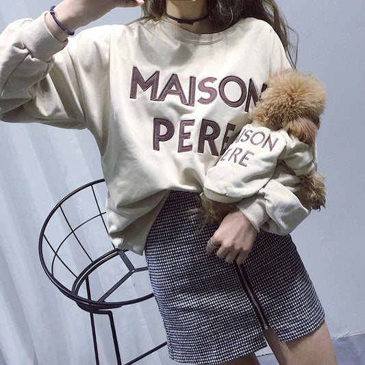 KFX-4989885 Casual Parent-Child Terry Cotton Embroidered Letter Sweater in Yellow, Apricot, Black, and Beige