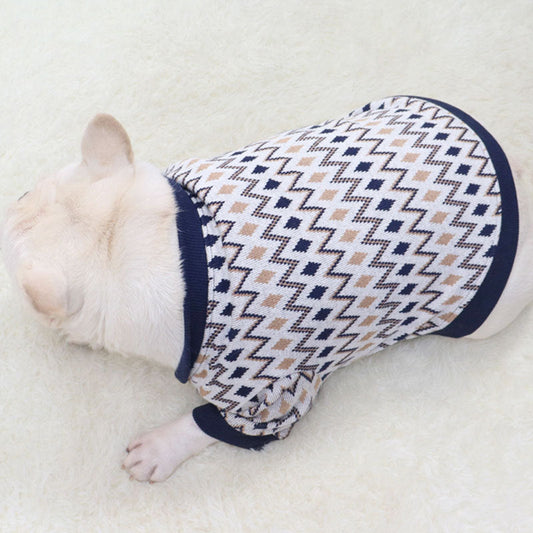 KFX-4995261 Knitted Cotton Dog Cardigan in Navy Blue and Khaki Geometric Patterns