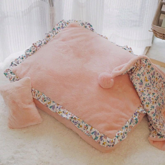 KFX-4997309 Plush Warm Dog Bed with Removable and Washable Mat, Pillow, and Blanket in Pink Rabbit Fur