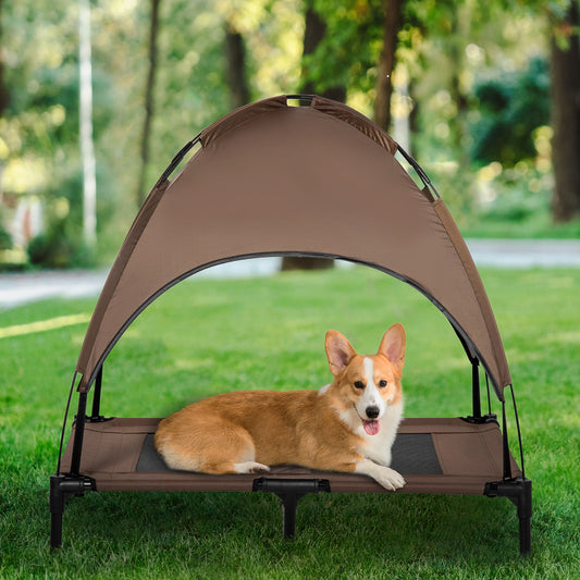 KFX-5001661 Elevated Portable Dog Cot with UV Canopy Shade, 36 Inch, Coffee Color