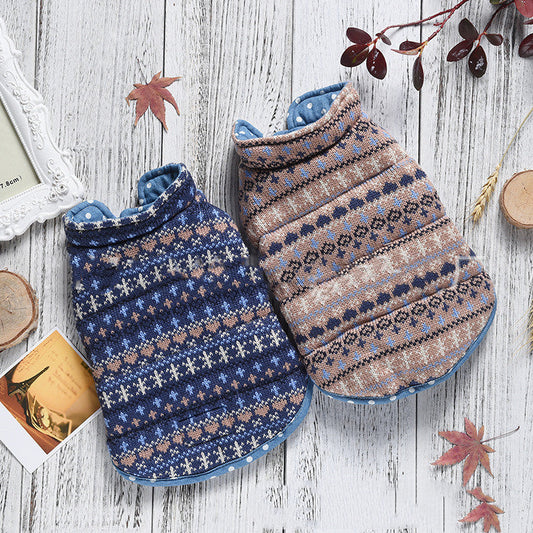 KFX-5009341 Double-Sided Casual Polka-Dot Knitted Denim Vest for Dogs - Blue & Brown, Sizes XS-7L