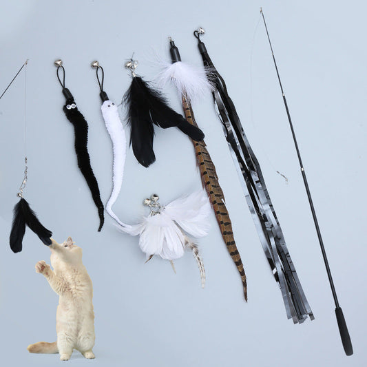 KFX-5019325 Telescopic Cat Toy Set with Replacement Feather Heads and Fishing Line