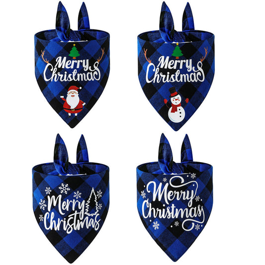 KFX-5021885 Christmas Cotton Plaid Pet Triangle Scarf - Santa Claus & Snowman Design, Size L 65x45x45cm