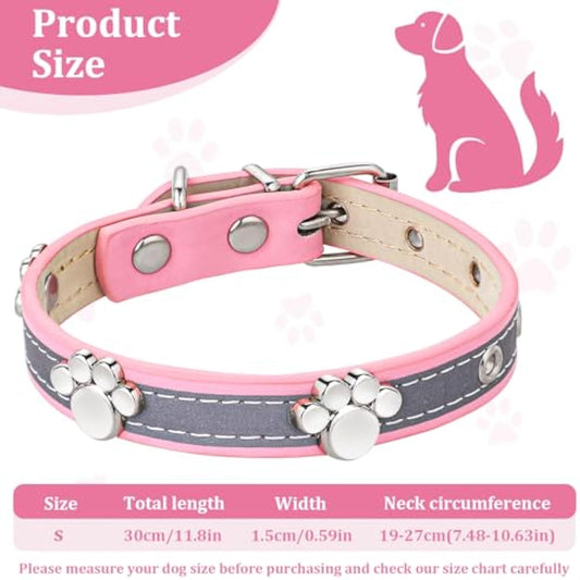 KFX-5037245 Adjustable Reflective PU Leather Dog Collar for Small, Medium, Large Dogs and Cats with Cute Paw Rivet Design