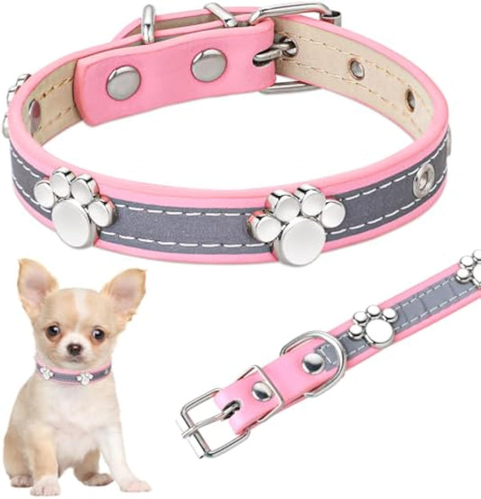 KFX-5037245 Adjustable Reflective PU Leather Dog Collar for Small, Medium, Large Dogs and Cats with Cute Paw Rivet Design