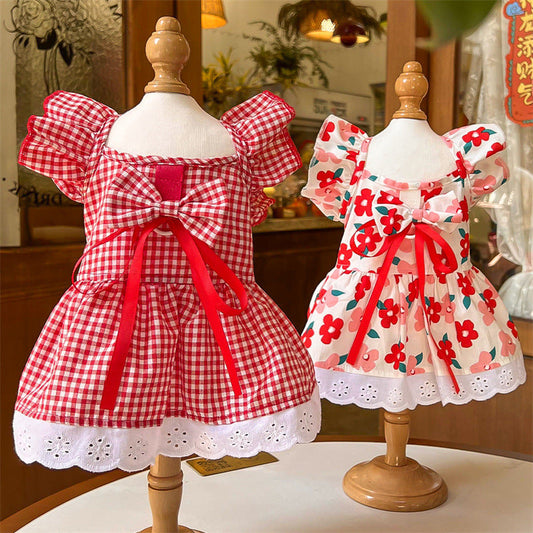 KFX-5081661 Flounced Sleeve Dress for Pets in Pansy, Red Plaid, and Floral Styles