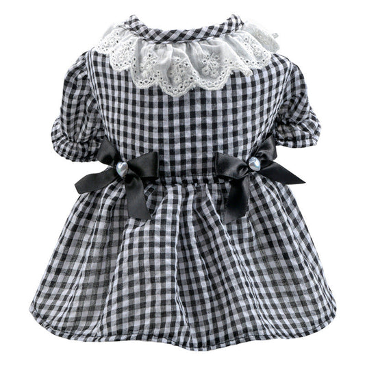 KFX-5113405 Black and White Plaid Pet Skirt with Bow and Lace Collar for Dogs and Cats