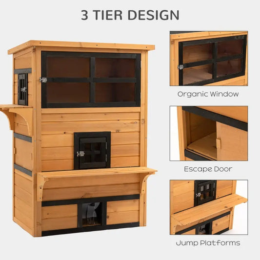 KFX-5116477 3-Tier Cat Shelter with 5 Escape Doors, Weather-Resistant Fir Wood, Yellow & Black