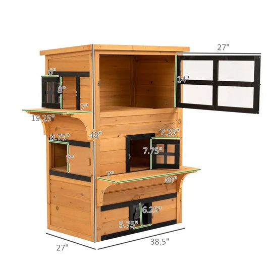 KFX-5116477 3-Tier Cat Shelter with 5 Escape Doors, Weather-Resistant Fir Wood, Yellow & Black