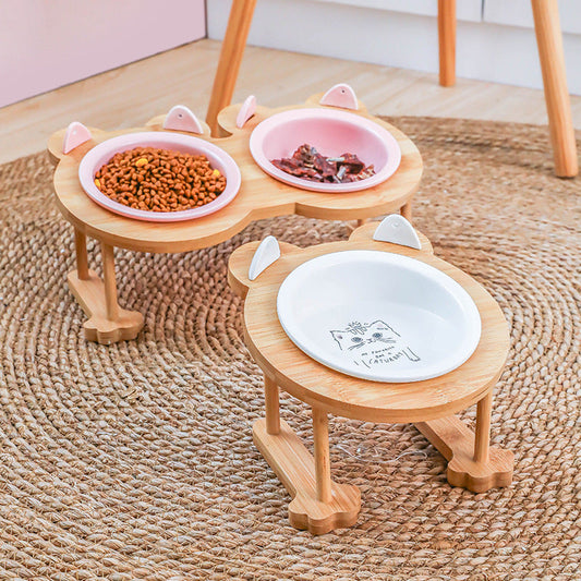 KFX-5118781 Tilted Ceramic Cat and Dog Bowl with Bamboo Stand - Heat-Resistant, Non-Slip Design