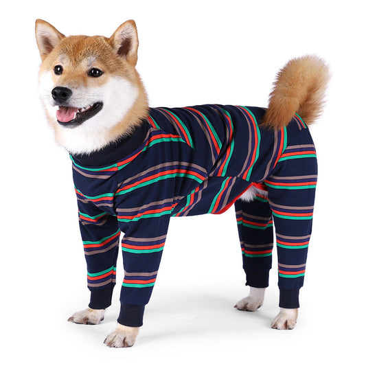 KFX-5128893 Cozy Cotton Four-Legged Dog Homewear in Gray and Dark Blue Stripes