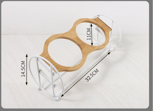 KFX-5134269 Bamboo and Wood Pet Bowl Stand with Double Ceramic Bowls for Cats and Small Dogs