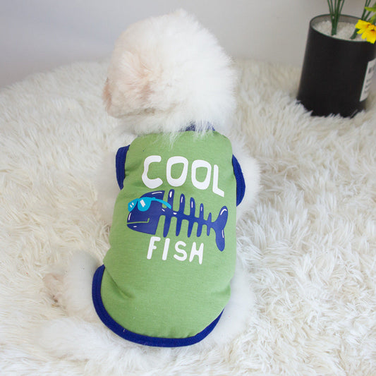KFX-5139645 Small Fish Design Casual Cat Vest - Lightweight Cotton Pet Clothing in Gray and Green, Available in Multiple Sizes
